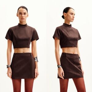 JW PEI Grace Faux Suede Crop Top and Mini Skirt Set in Brown